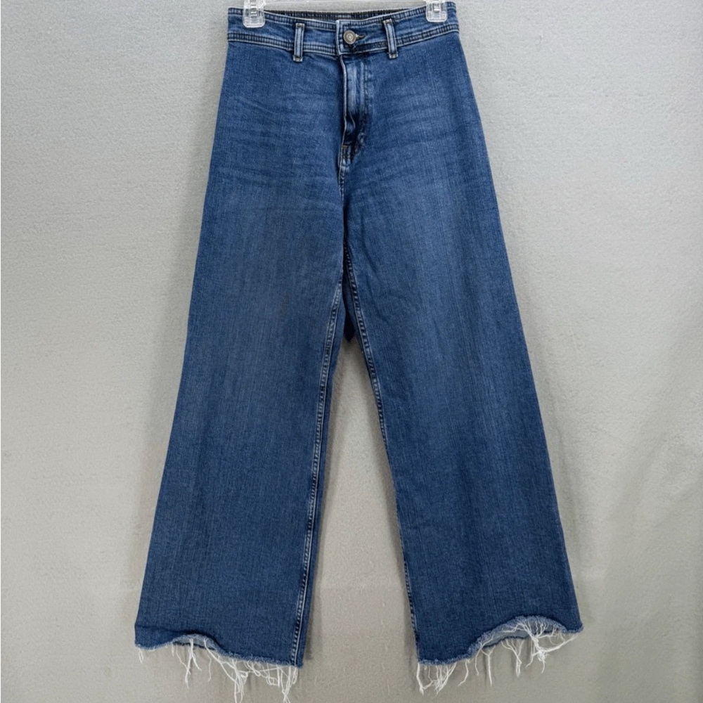 Zara Womens Blue Denim High-Waisted Raw Hem Wide Leg Jeans Medium Wash Size 6
